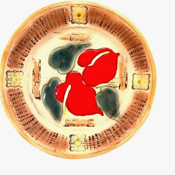 Other - Kani Of Hawaii Handmade Pottery Plate 10" Gold / Red Anthurium & Green Leaves‎